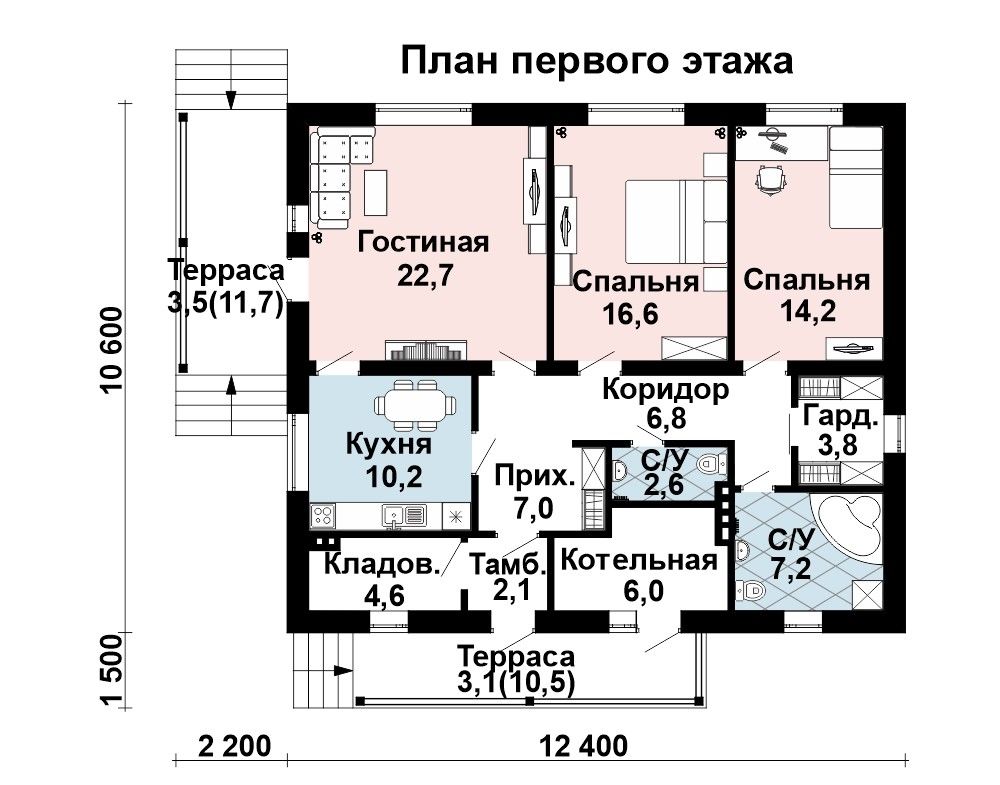 Готовый проект одноэтажного дома AS-2288 из газобетона с двумя спальнями